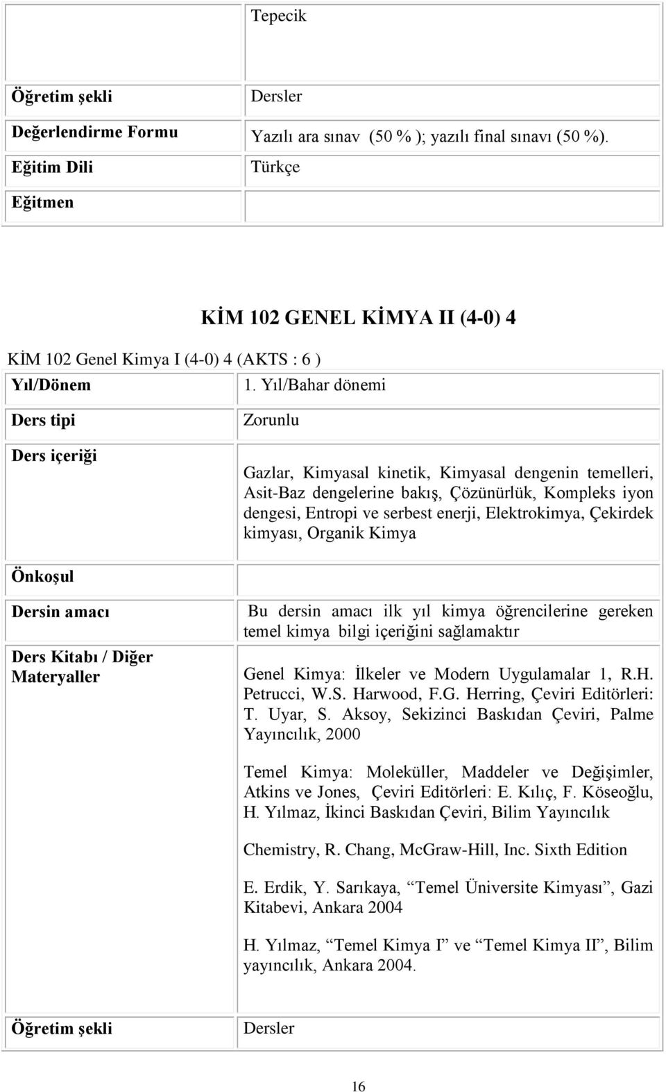 Yıl/Bahar dönemi Ders tipi Ders içeriği Gazlar, Kimyasal kinetik, Kimyasal dengenin temelleri, Asit-Baz dengelerine bakış, Çözünürlük, Kompleks iyon dengesi, Entropi ve serbest enerji, Elektrokimya,