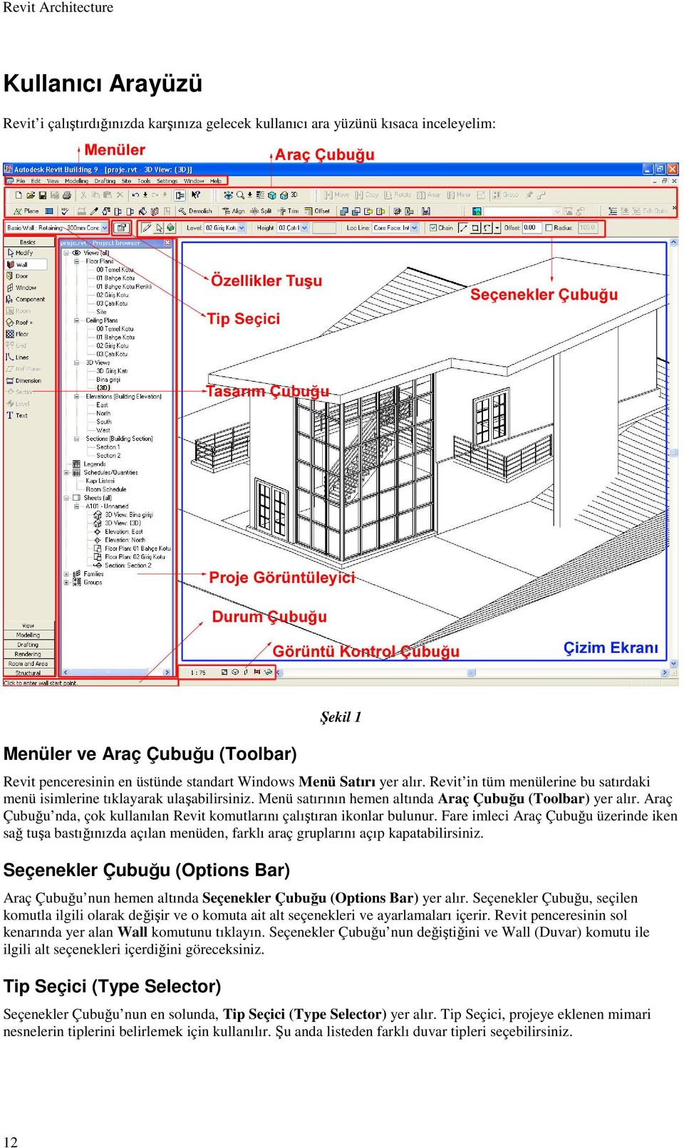 Araç Çubuğu nda, çok kullanılan Revit komutlarını çalıştıran ikonlar bulunur. Fare imleci Araç Çubuğu üzerinde iken sağ tuşa bastığınızda açılan menüden, farklı araç gruplarını açıp kapatabilirsiniz.