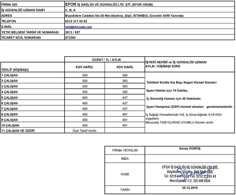 c 2013 / 927 873364 efr ÜCRET / TL / AYLIK TEKLİF (KİŞİBAŞI) KDV HARİÇ KDV DAHİL 1 ÇALIŞAN 350 383 2 ÇALIŞAN 350 383 3 ÇALIŞAN 350 383 4 ÇALIŞAN 350 383 5 ÇALIŞAN 400 437 6 ÇALIŞAN 400 437 7 ÇALIŞAN