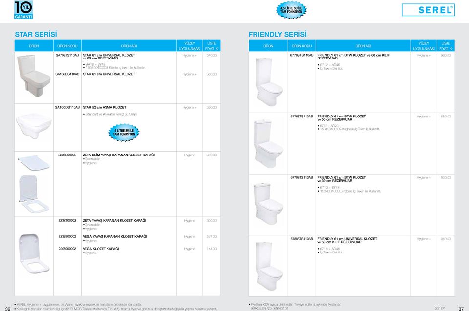 SA16GDS110AB STAR 61 cm UNIVERSAL KLOZET 360,00 SA10ODS110AB STAR 52 cm ASMA KLOZET 350,00 Standart ve Ankastre Temiz Su Girişli 6776STS110AB FRIENDLY 61 cm BTW KLOZET ve 50 cm REZERVUAR 650,00 6712