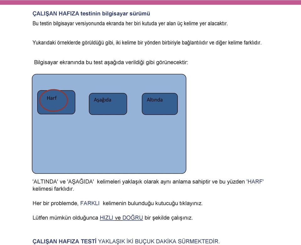 Bilgisayar ekranında bu test aşağıda verildiği gibi görünecektir: Letter Harf Aşağıda Altında 'ALTINDA' ve 'AŞAĞIDA' kelimeleri yaklaşık olarak aynı anlama