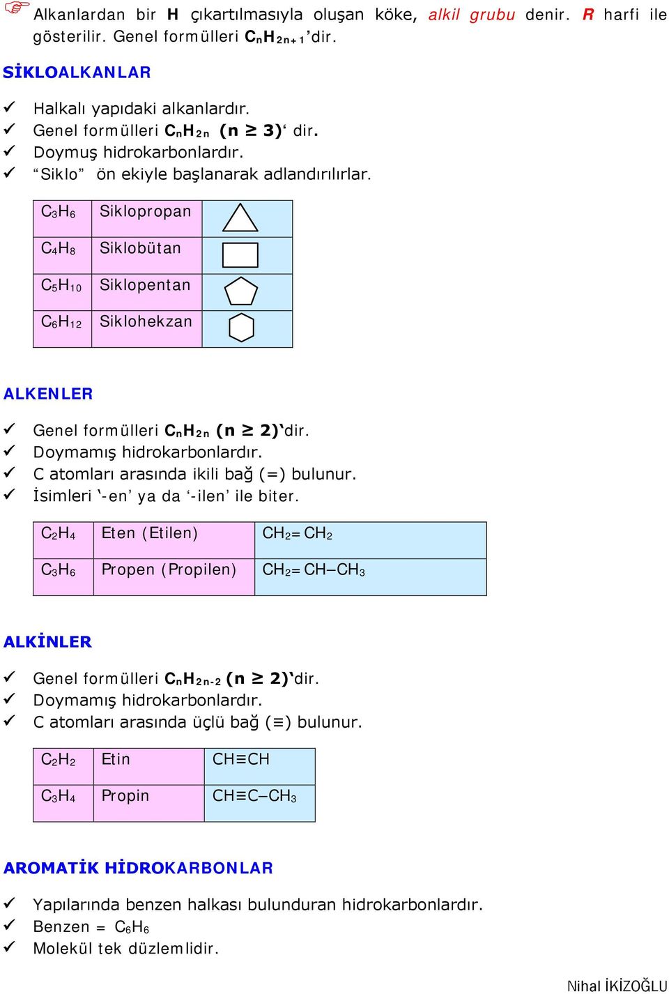 C 3H 6 C 4H 8 Siklopropan Siklobütan C 5H 10 Siklopentan C 6H 12 Siklohekzan ALKENLER Genel formülleri C nh 2n (n 2) dir. Doymamış hidrokarbonlardır. C atomları arasında ikili bağ (=) bulunur.