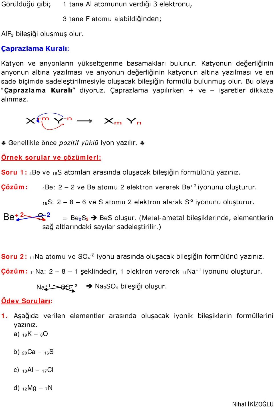 Bu olaya Çaprazlama Kuralı diyoruz. Çaprazlama yapılırken + ve işaretler dikkate alınmaz. X +m Y -n X m Y n Genellikle önce pozitif yüklü iyon yazılır.