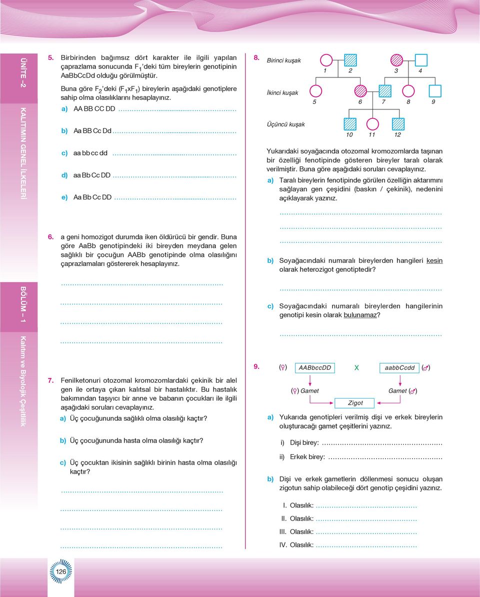 Buna göre F 2 deki (F xf ) bireylerin aşağıdaki genotiplere sahip olma olasılıklarını hesaplayınız. a) AA BB CC DD... b) Aa BB Cc Dd... c) aa bb cc dd... d) aa Bb Cc DD... e) Aa Bb Cc DD... 6.