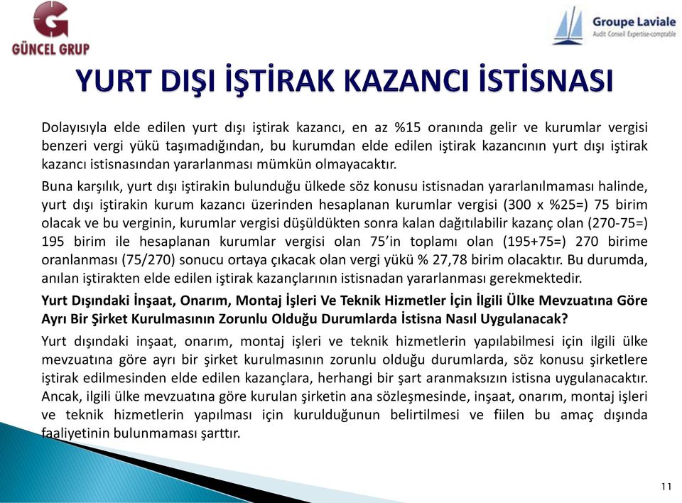 Buna karşılık, yurt dışı iştirakin bulunduğu ülkede söz konusu istisnadan yararlanılmaması halinde, yurt dışı iştirakin kurum kazancı üzerinden hesaplanan kurumlar vergisi (300 x %25=) 75 birim