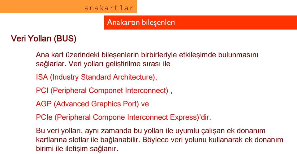 Veri yolları geliştirilme sırası ile ISA (Industry Standard Architecture), PCI (Peripheral Componet Interconnect), AGP