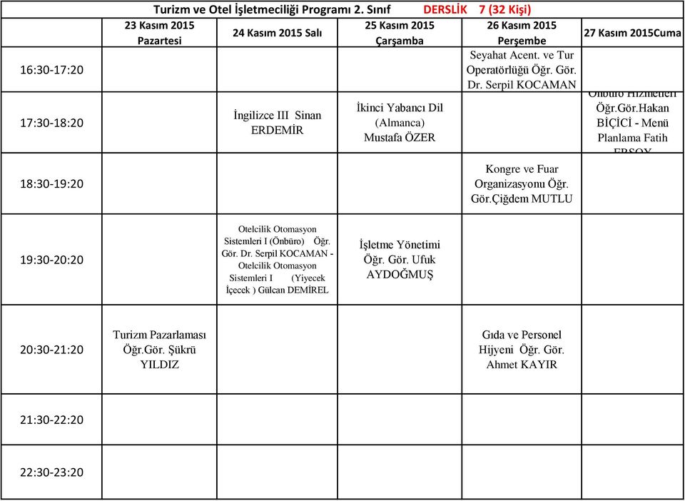 Acent. ve Tur Operatörlüğü Öğr. Gör. Dr. Serpil KOCAMAN Kongre ve Fuar Organizasyonu Öğr. Gör.Çiğdem MUTLU 27 Kasım 2015Cuma Önbüro Hizmetleri Öğr.Gör.Hakan BĠÇĠCĠ - Menü Planlama Fatih ERSOY Otelcilik Otomasyon Sistemleri I (Önbüro) Öğr.