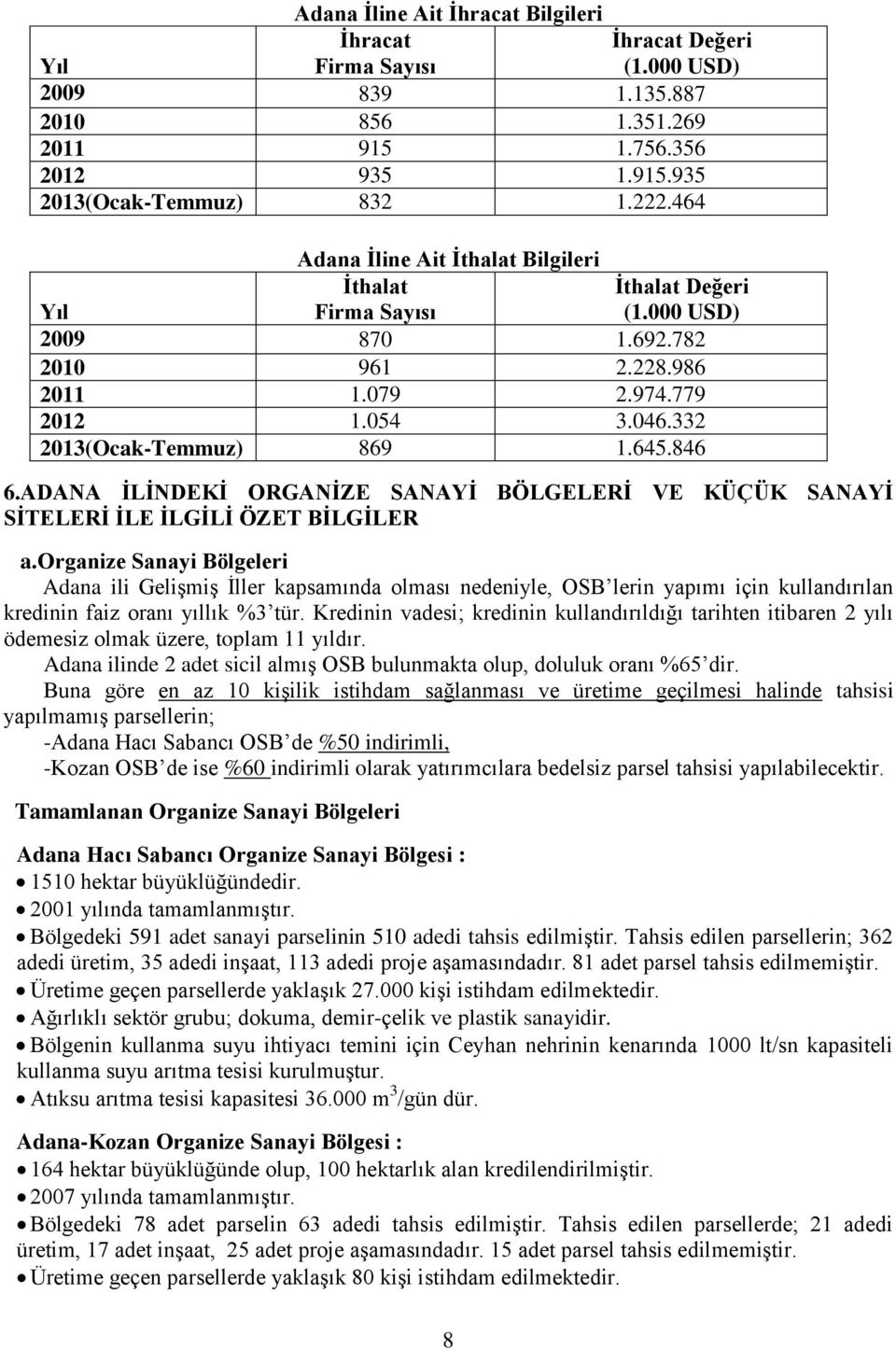 846 6.ADANA ĠLĠNDEKĠ ORGANĠZE SANAYĠ BÖLGELERĠ VE KÜÇÜK SANAYĠ SĠTELERĠ ĠLE ĠLGĠLĠ ÖZET BĠLGĠLER a.