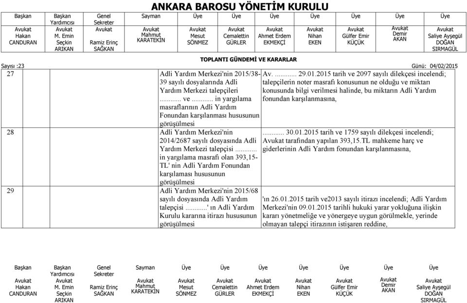 .. in yargılama masrafı olan 393,15- TL' nin Adli Yardım Fonundan karşılaması hususunun görüşülmesi 29 Adli Yardım Merkezi'nin 2015/68 sayılı dosyasında Adli Yardım talepçisi.