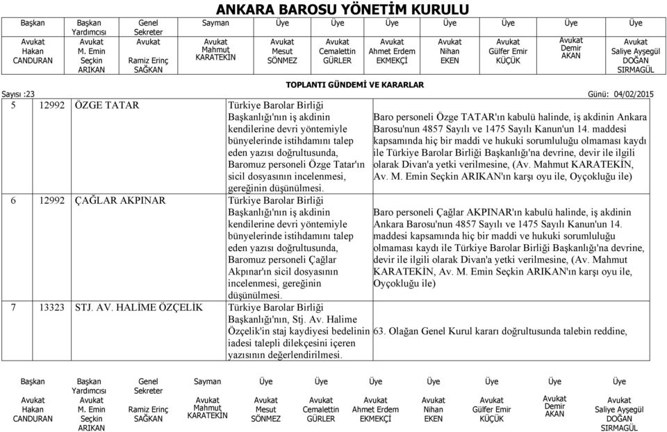 6 12992 ÇAĞLAR AKPINAR Türkiye Barolar Birliği lığı'nın iş akdinin kendilerine devri yöntemiyle bünyelerinde istihdamını talep eden yazısı doğrultusunda, Baromuz personeli Çağlar Akpınar'ın sicil