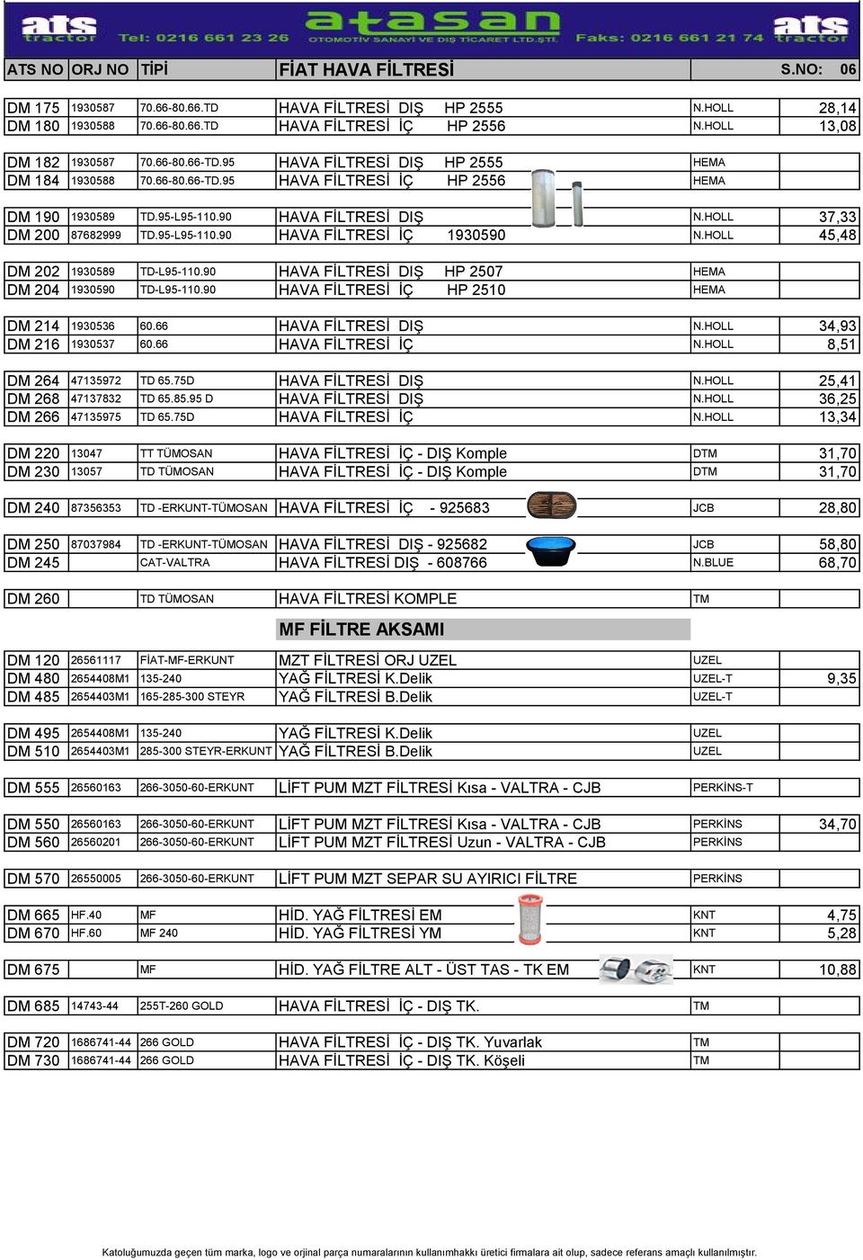 HOLL 37,33 DM 200 87682999 TD.95-L95-110.90 HAVA FİLTRESİ İÇ 1930590 N.HOLL 45,48 DM 202 1930589 TD-L95-110.90 HAVA FİLTRESİ DIŞ HP 2507 HEMA DM 204 1930590 TD-L95-110.