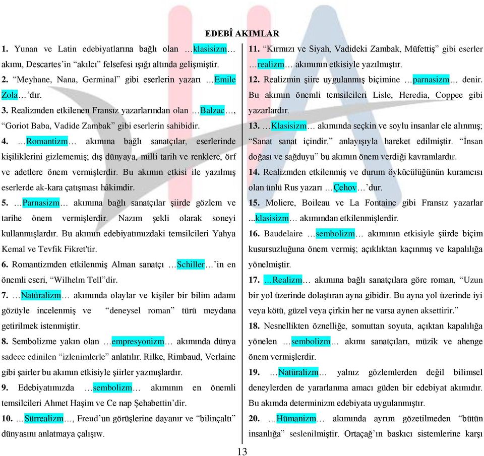 Kırmızı ve Siyah, Vadideki Zambak, Müfettiş gibi eserler realizm akımının etkisiyle yazılmıştır. 12. Realizmin şiire uygulanmış biçimine parnasizm denir.