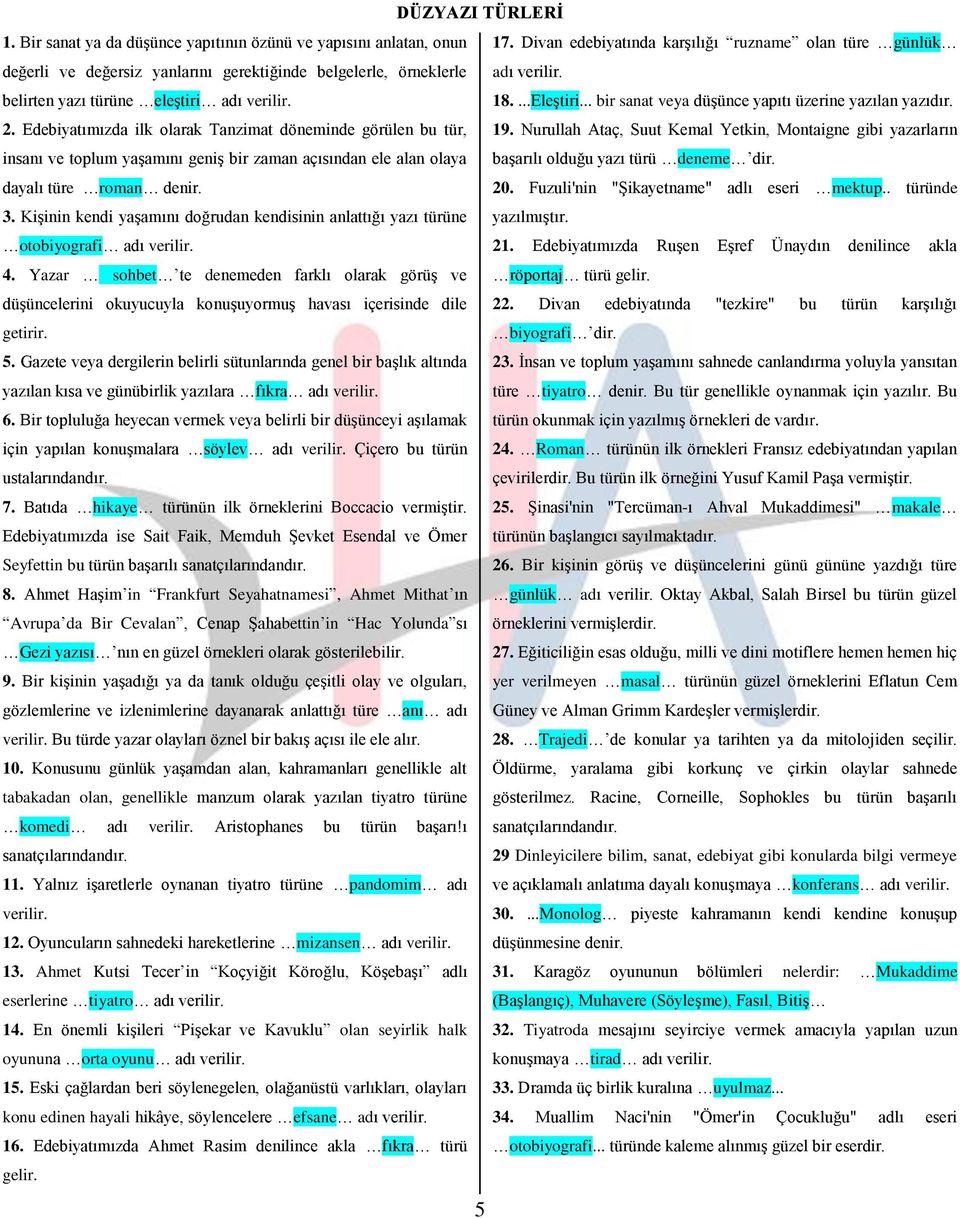 Kişinin kendi yaşamını doğrudan kendisinin anlattığı yazı türüne 17. Divan edebiyatında karşılığı ruzname olan türe günlük adı 18....Eleştiri... bir sanat veya düşünce yapıtı üzerine yazılan yazıdır.