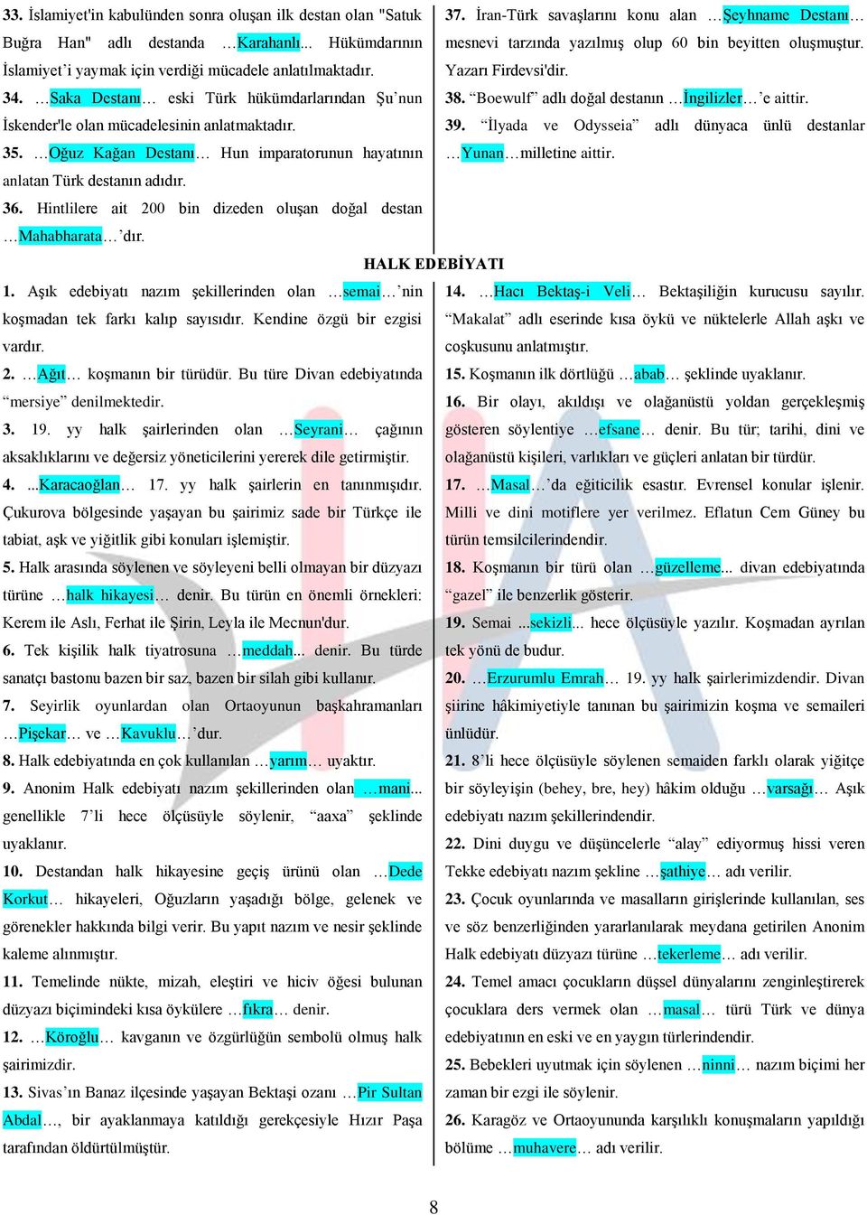 Saka Destanı eski Türk hükümdarlarından Şu nun İskender'le olan mücadelesinin anlatmaktadır. 35. Oğuz Kağan Destanı Hun imparatorunun hayatının Yazarı Firdevsi'dir. 38.