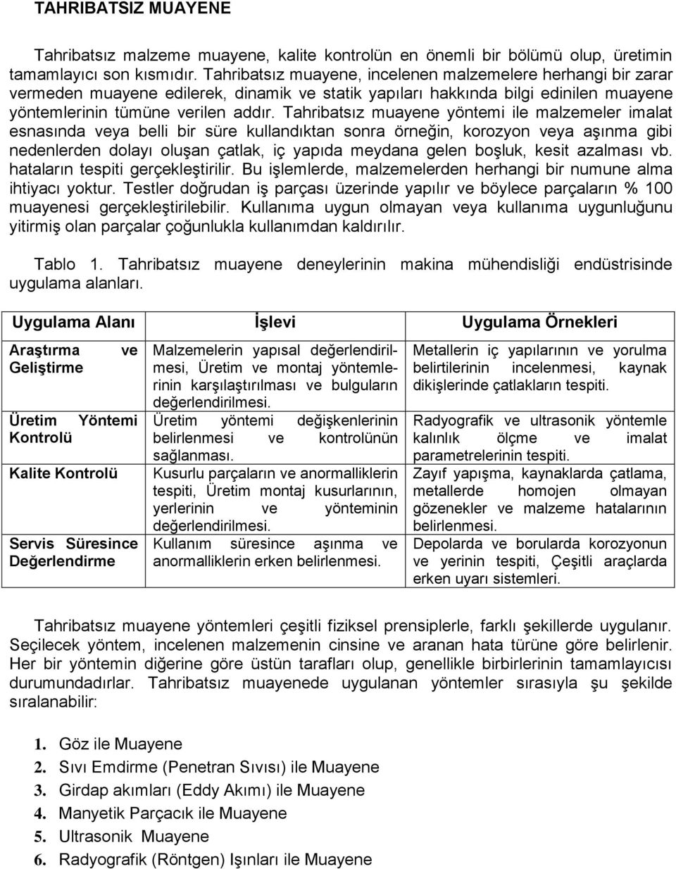 Tahribatsız muayene yöntemi ile malzemeler imalat esnasında veya belli bir süre kullandıktan sonra örneğin, korozyon veya aşınma gibi nedenlerden dolayı oluşan çatlak, iç yapıda meydana gelen boşluk,