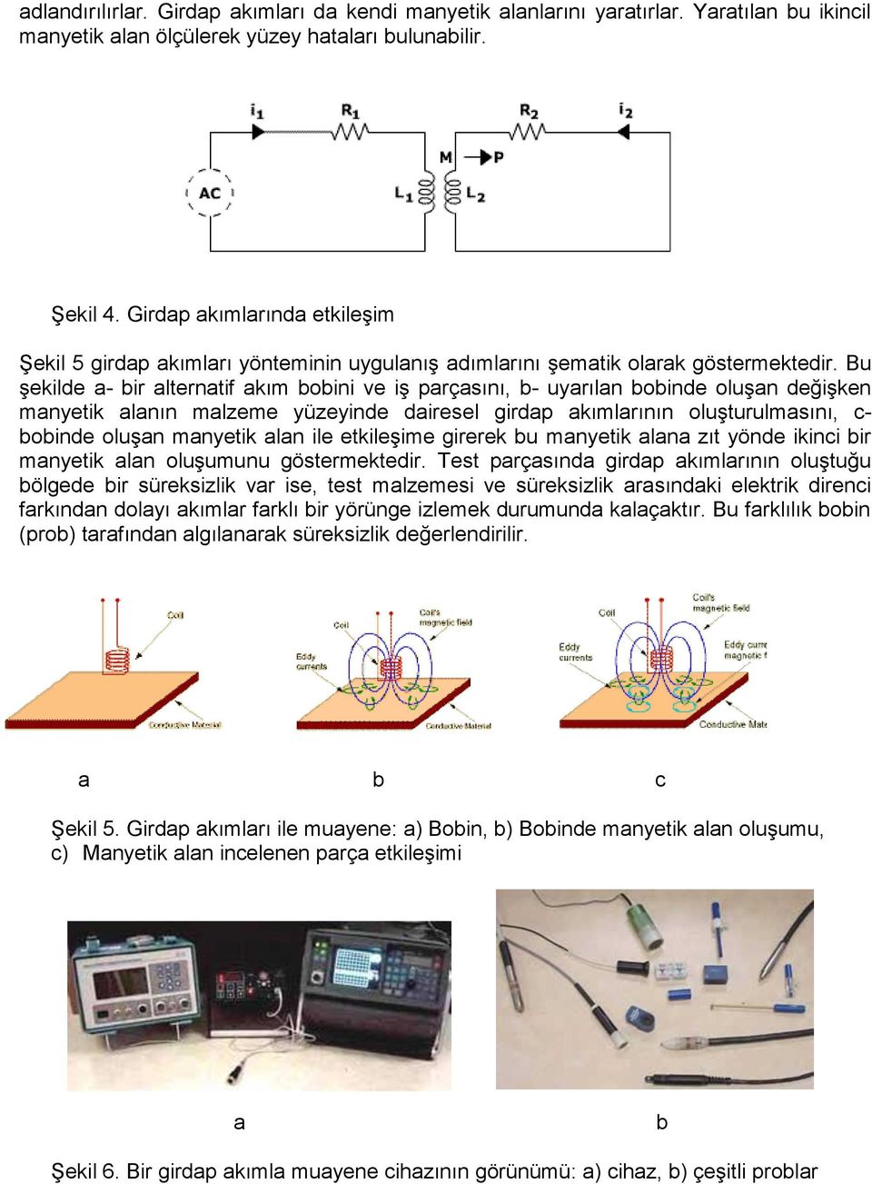 Bu şekilde a- bir alternatif akım bobini ve iş parçasını, b- uyarılan bobinde oluşan değişken manyetik alanın malzeme yüzeyinde dairesel girdap akımlarının oluşturulmasını, c- bobinde oluşan manyetik