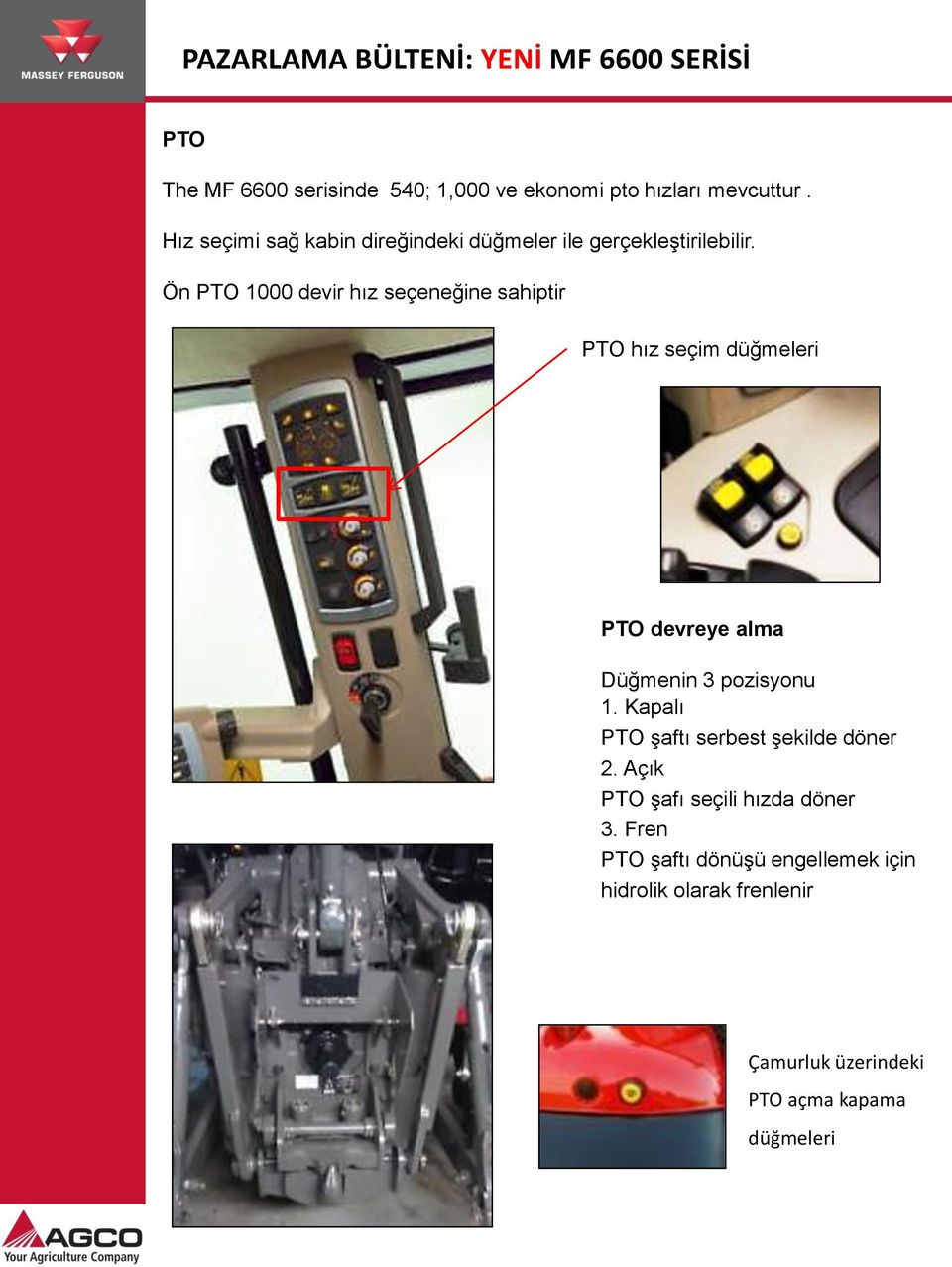 Ön PTO 1000 devir hız seçeneğine sahiptir PTO hız seçim düğmeleri PTO devreye alma Düğmenin 3 pozisyonu 1.