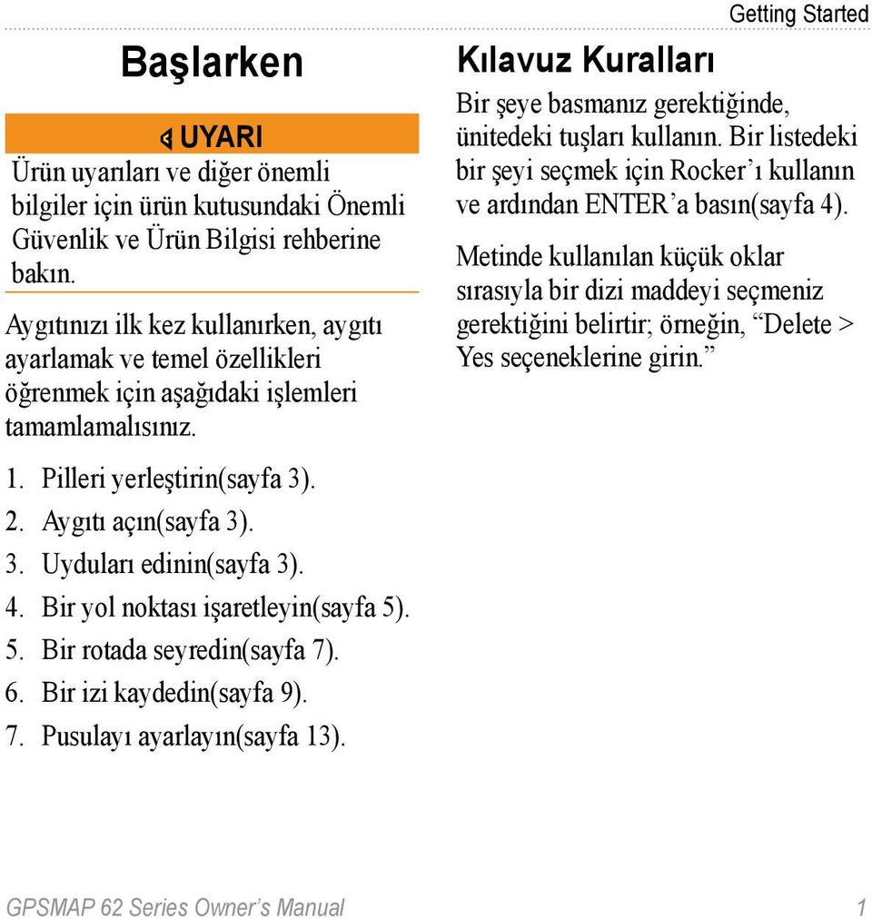 Getting Started Kılavuz Kuralları Bir şeye basmanız gerektiğinde, ünitedeki tuşları kullanın. Bir listedeki bir şeyi seçmek için Rocker ı kullanın ve ardından ENTER a basın(sayfa 4).