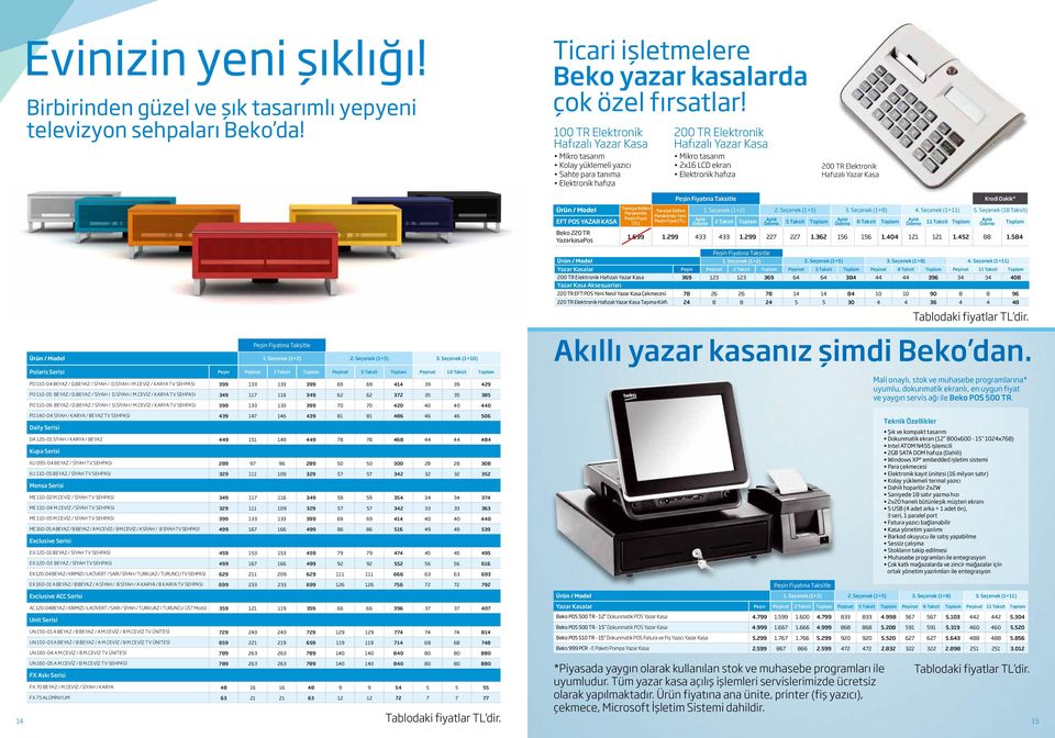 TR Elektronik Hafızalı Yazar Kasa Kredi Dakik* Ürün / Model EFT POS YAZAR KASA Beko 220 TR YazarkasaPos Tavsiye Edilen Perakende Peşin Fiyat (TL) Tavsiye Edilen Perakende Yeni Peşin Fiyat (TL) 1.