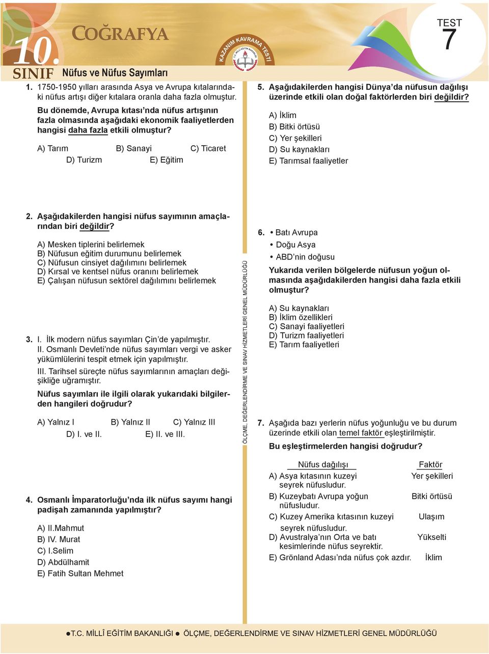 Aşağıdakilerden hangisi Dünya da nüfusun dağılışı üzerinde etkili olan doğal faktörlerden biri değildir? A) İklim B) Bitki örtüsü C) Yer şekilleri D) Su kaynakları E) Tarımsal faaliyetler 2.