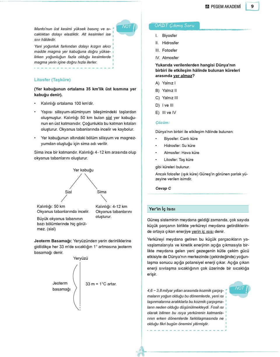 Litosfer (Taşküre) (Yer kabuğunun ortalama 35 km'lik üst kısmına yer kabuğu denir). Kalınlığı ortalama 100 km'dir. Yapısı silisyum-alüminyum bileşimindeki taşlardan oluşmuştur.