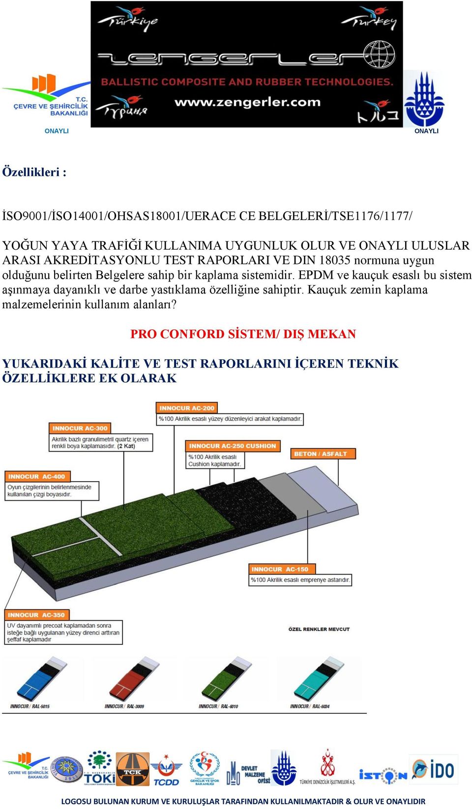 sistemidir. EPDM ve kauçuk esaslı bu sistem aşınmaya dayanıklı ve darbe yastıklama özelliğine sahiptir.