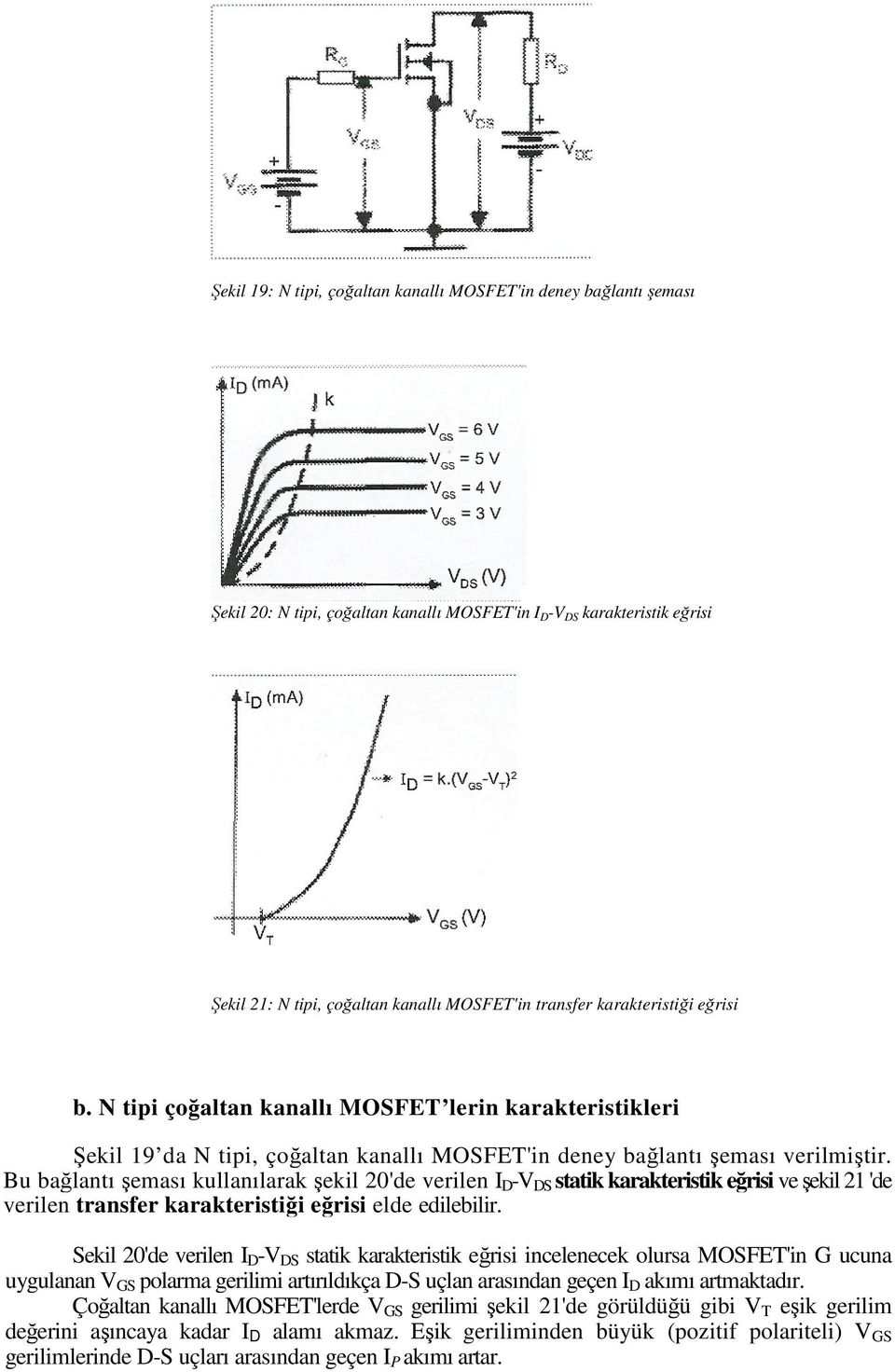Bu bağlantı şeması kullanılarak şekil 20'de verilen I D - DS statik karakteristik eğrisi ve şekil 21 'de verilen transfer karakteristiği eğrisi elde edilebilir.