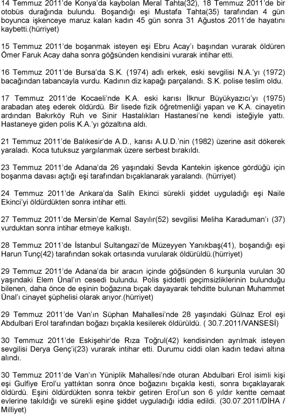 (hürriyet) 15 Temmuz 2011 de boşanmak isteyen eşi Ebru Acay ı başından vurarak öldüren Ömer Faruk Acay daha sonra göğsünden kendisini vurarak intihar etti. 16 Temmuz 2011 de Bursa da S.K.