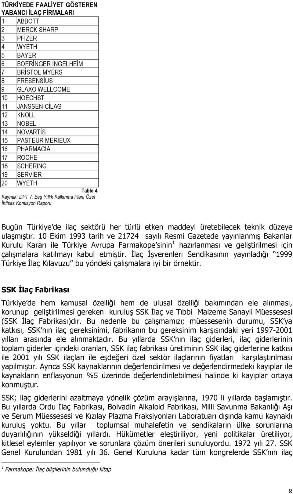 Beş Yıllık Kalkınma Planı Özel İhtisas Komisyon Raporu Bugün Türkiye'de ilaç sektörü her türlü etken maddeyi üretebilecek teknik düzeye ulaşmıştır.