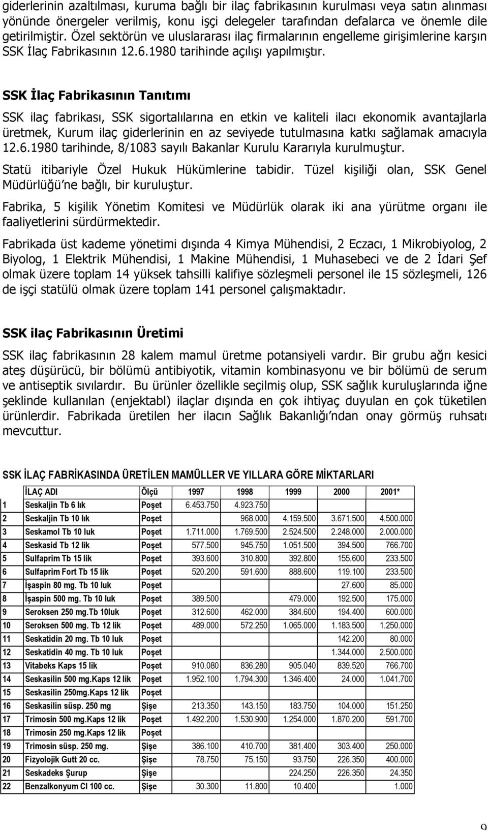 SSK İlaç Fabrikasının Tanıtımı SSK ilaç fabrikası, SSK sigortalılarına en etkin ve kaliteli ilacı ekonomik avantajlarla üretmek, Kurum ilaç giderlerinin en az seviyede tutulmasına katkı sağlamak