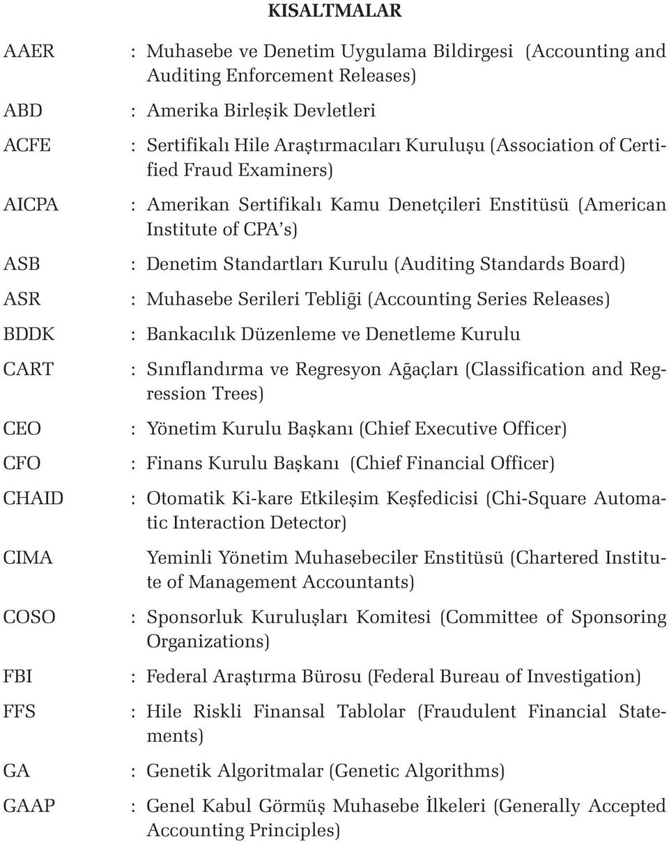 Standartları Kurulu (Auditing Standards Board) : Muhasebe Serileri Tebliği (Accounting Series Releases) : Bankacılık Düzenleme ve Denetleme Kurulu : Sınıflandırma ve Regresyon Ağaçları