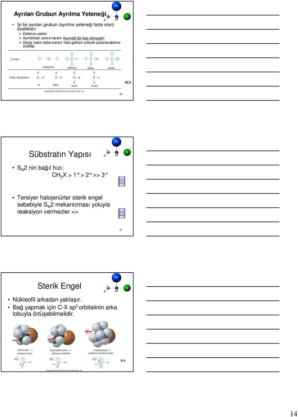 40 Sübstratın Yapısı S N 2 nin bağıl hızı: 3 X > 1 > 2 >> 3 Tersiyer halojenürler sterik engel sebebiyle S N 2 mekanizması