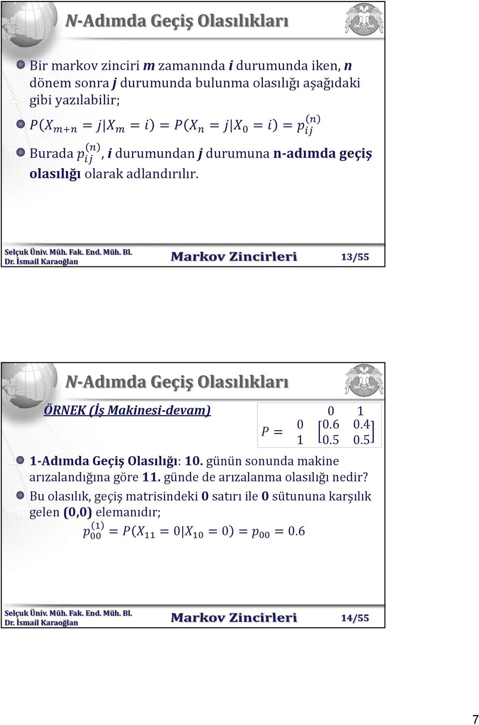 13/55 N-Adımda Geçiş Olasılıkları ÖRNEK (İş Makinesi-devam) 0 1 = 0 0.6 0.4 1 0.5 0.5 1-Adımda Geçiş Olasılığı:.