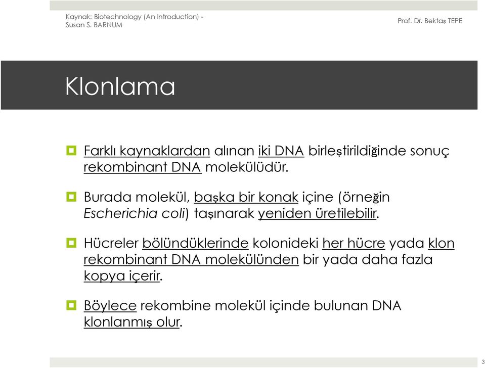 Burada molekül, başka bir konak içine (örneğin Escherichia coli) taşınarak yeniden