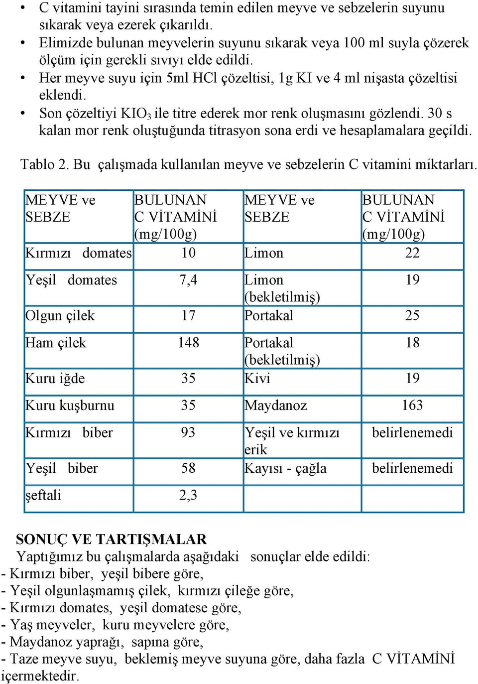 Son çözeltiyi KIO 3 ile titre ederek mor renk oluşmasını gözlendi. 30 s kalan mor renk oluştuğunda titrasyon sona erdi ve hesaplamalara geçildi. Tablo 2.