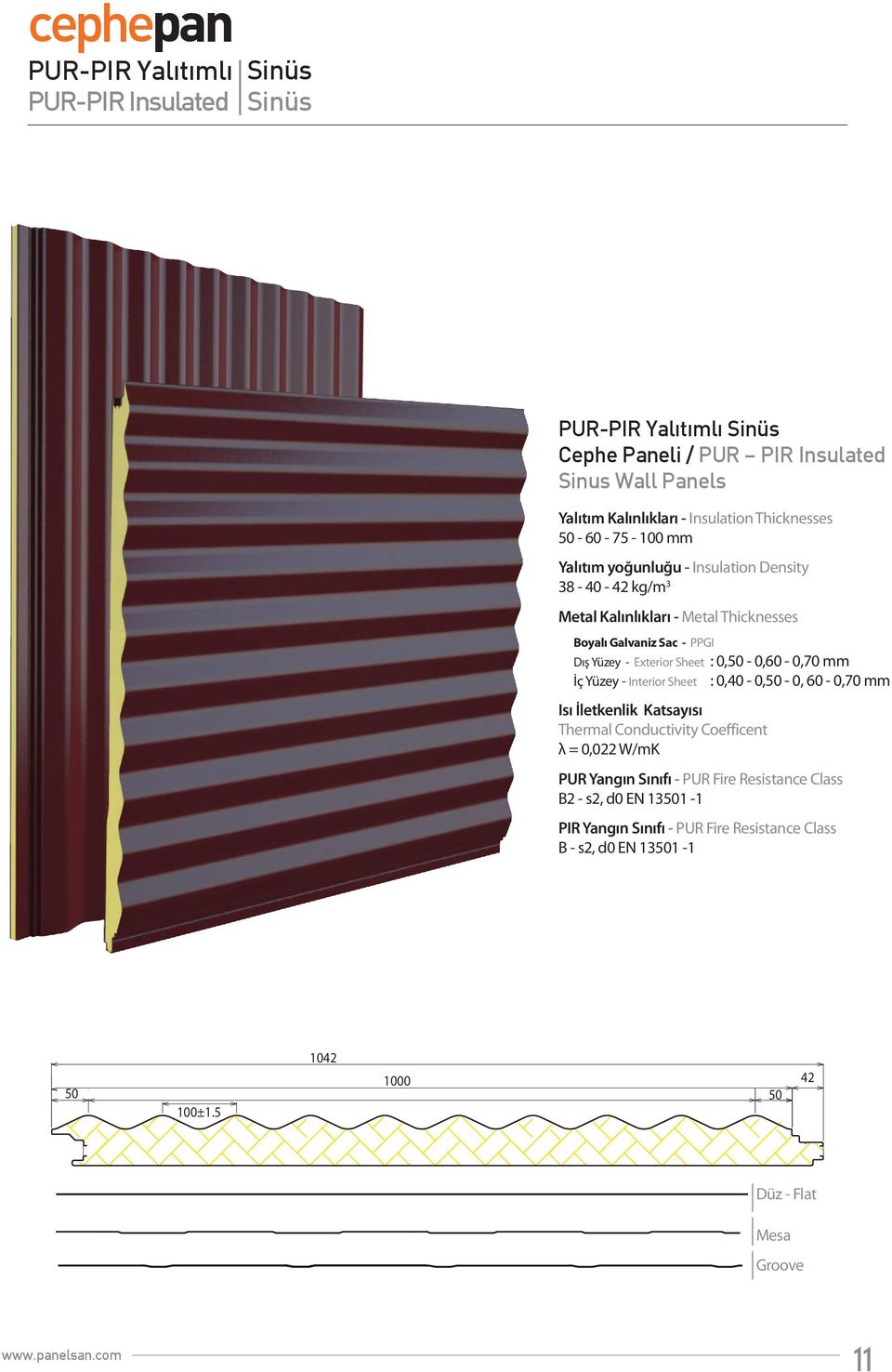 Exterior Sheet : 0,50-0,60-0,70 mm İç Yüzey - Interior Sheet : 0,40-0,50-0, 60-0,70 mm Isı İletkenlik Katsayısı Thermal Conductivity Coefficent λ = 0,022 W/mK PUR Yangın