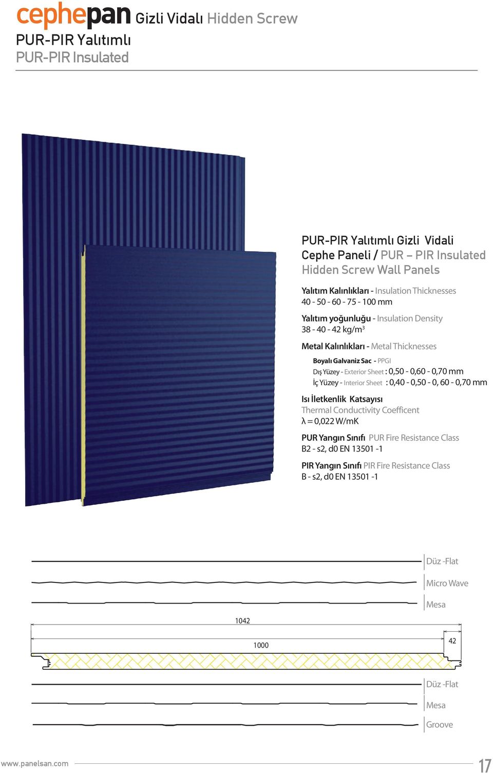 PPGI Dış Yüzey - Exterior Sheet : 0,50-0,60-0,70 mm İç Yüzey - Interior Sheet : 0,40-0,50-0, 60-0,70 mm Isı İletkenlik Katsayısı Thermal Conductivity Coefficent λ = 0,022 W/mK PUR