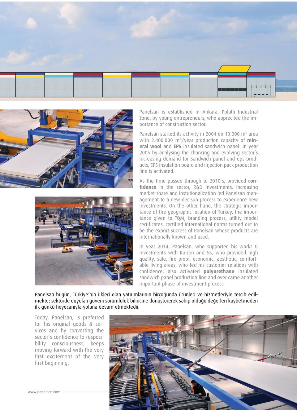 Panelsan started its activity in 2004 on 10.000 m 2 area with 2.400.000 m 2 /year production capacity of mineral wool and EPS insulated sandwich panel.