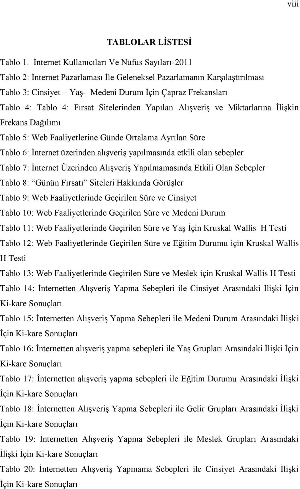 Fırsat Sitelerinden Yapılan Alışveriş ve Miktarlarına İlişkin Frekans Dağılımı Tablo 5: Web Faaliyetlerine Günde Ortalama Ayrılan Süre Tablo 6: İnternet üzerinden alışveriş yapılmasında etkili olan