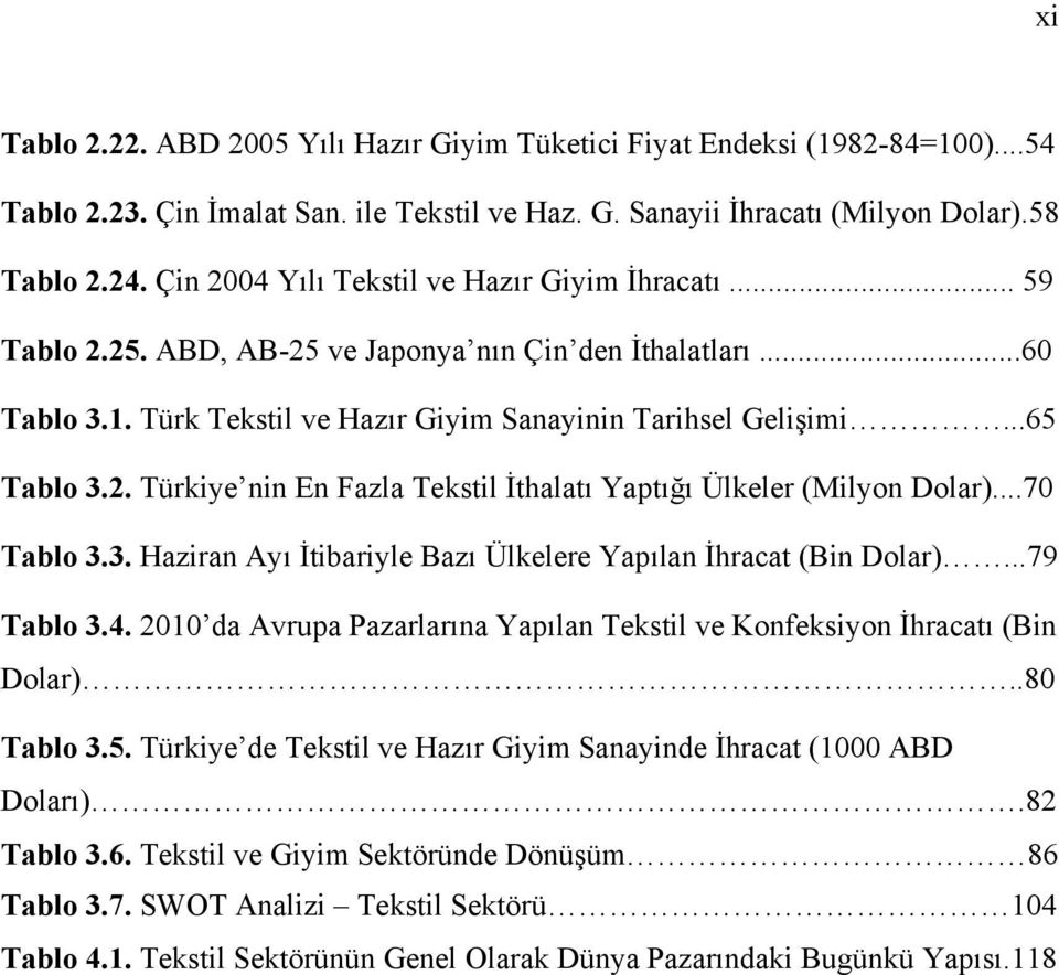 ..70 Tablo 3.3. Haziran Ayı İtibariyle Bazı Ülkelere Yapılan İhracat (Bin Dolar)...79 Tablo 3.4. 2010 da Avrupa Pazarlarına Yapılan Tekstil ve Konfeksiyon İhracatı (Bin Dolar)..80 Tablo 3.5.