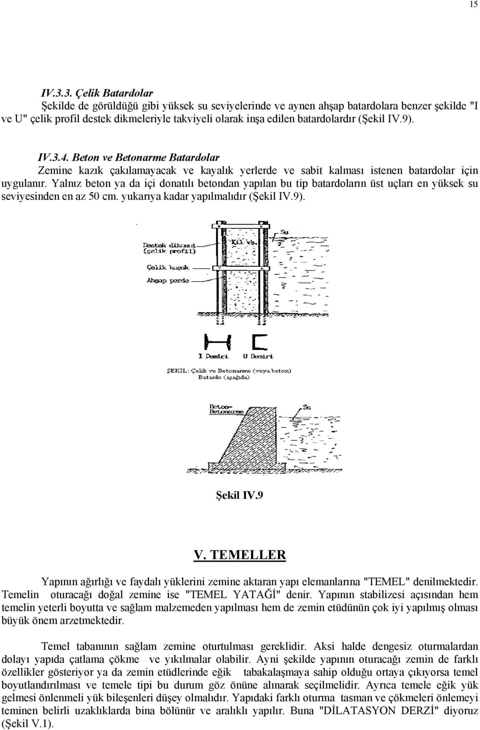 (Şekil IV.9). IV.3.4. Beton ve Betonarme Batardolar Zemine kazık çakılamayacak ve kayalık yerlerde ve sabit kalması istenen batardolar için uygulanır.