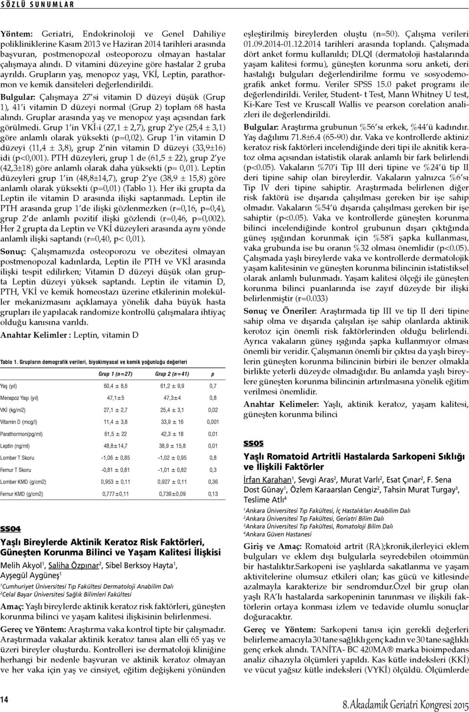 Bulgular: Çalışmaya 7 si vitamin D düzeyi düşük (Grup ), 4 i vitamin D düzeyi normal (Grup ) toplam 68 hasta alındı. Gruplar arasında yaş ve menopoz yaşı açısından fark görülmedi.