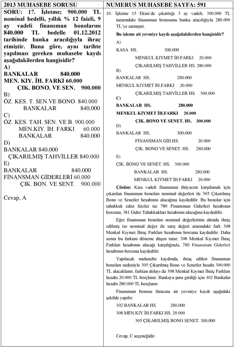 000 ÇIK. BONO. VE SEN. 900.000 B) C) ÖZ. KES. T. SEN.VE BONO. 840.000 BANKALAR HS. 280.000 BANKALAR 840.000 C) MENKUL KIYMET İH.FARKI 20.000 ÖZ. KES. TAH. SEN. VE B. 900.000 D) MEN.KIY. İH. FARKI 60.