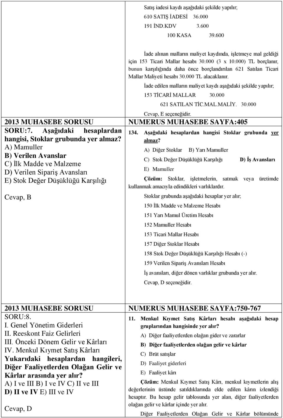 İade edilen malların maliyet kaydı aşağıdaki şekilde yapılır; 153 TİCARİ MALLAR 30.000 621 SATILAN TİC.MAL.MALİY. 30.000 Cevap, E seçeneğidir. 2013 MUHASEBE SORUSU NUMERUS MUHASEBE SAYFA:405 SORU:7.