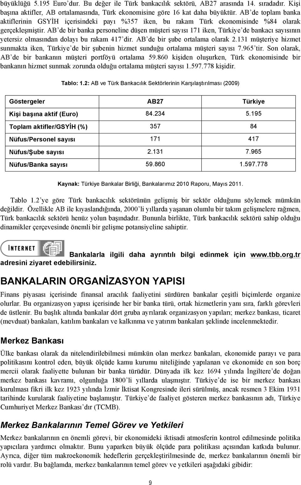 AB de bir banka personeline düşen müşteri sayısı 171 iken, Türkiye de bankacı sayısının yetersiz olmasından dolayı bu rakam 417 dir. AB de bir şube ortalama olarak 2.