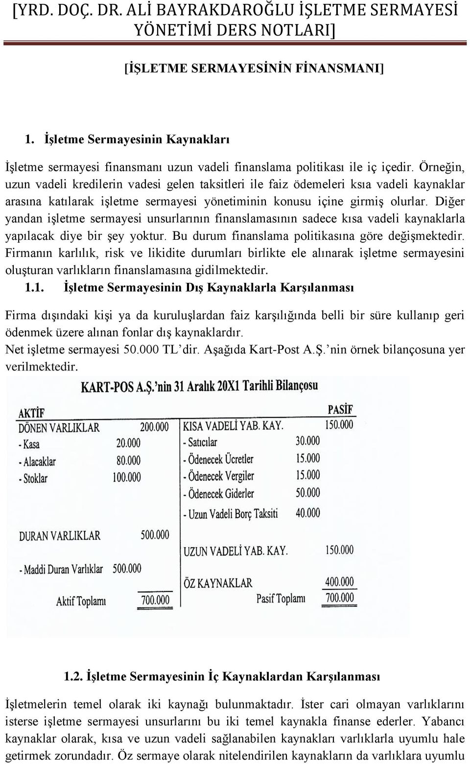 Diğer yandan işletme sermayesi unsurlarının finanslamasının sadece kısa vadeli kaynaklarla yapılacak diye bir şey yoktur. Bu durum finanslama politikasına göre değişmektedir.