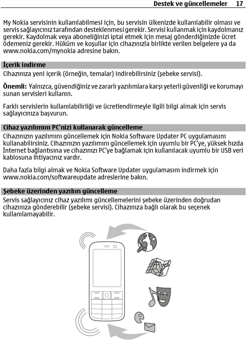 Hüküm ve koşullar için cihazınızla birlikte verilen belgelere ya da www.nokia.com/mynokia adresine bakın. İçerik indirme Cihazınıza yeni içerik (örneğin, temalar) indirebilirsiniz (şebeke servisi).