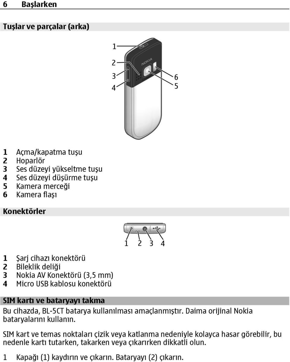 Bu cihazda, BL-5CT batarya kullanılması amaçlanmıştır. Daima orijinal Nokia bataryalarını kullanın.