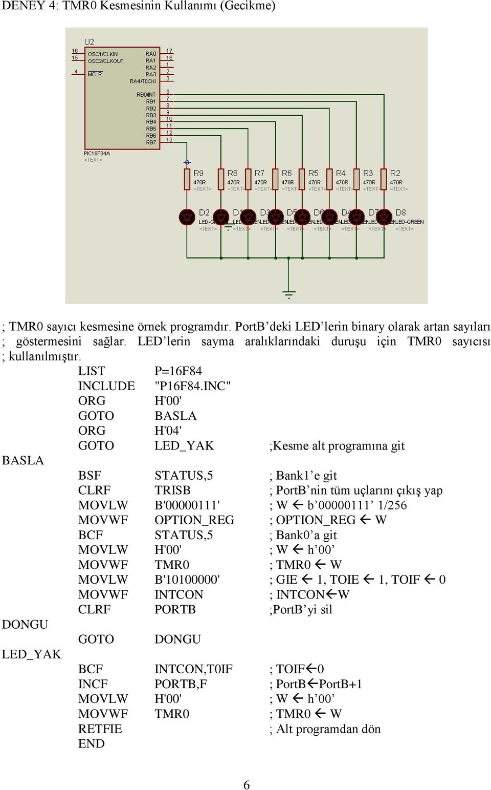 INC" ORG H'00' GOTO BASLA ORG H'04' GOTO LED_YAK ;Kesme alt programına git BASLA DONGU LED_YAK BSF STATUS,5 ; Bank1 e git CLRF TRISB ; PortB nin tüm uçlarını çıkış yap MOVLW B'00000111' ; W b