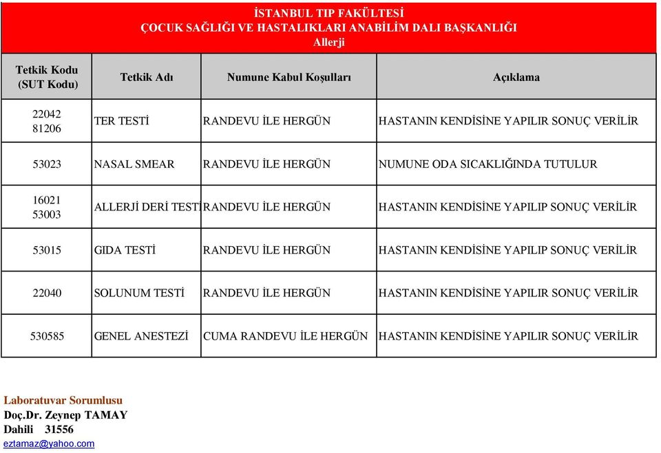 HASTANIN KENDİSİNE YAPILIP SONUÇ VERİLİR 53015 GIDA TESTİ RANDEVU İLE HERGÜN HASTANIN KENDİSİNE YAPILIP SONUÇ VERİLİR 22040 SOLUNUM TESTİ RANDEVU İLE HERGÜN HASTANIN KENDİSİNE